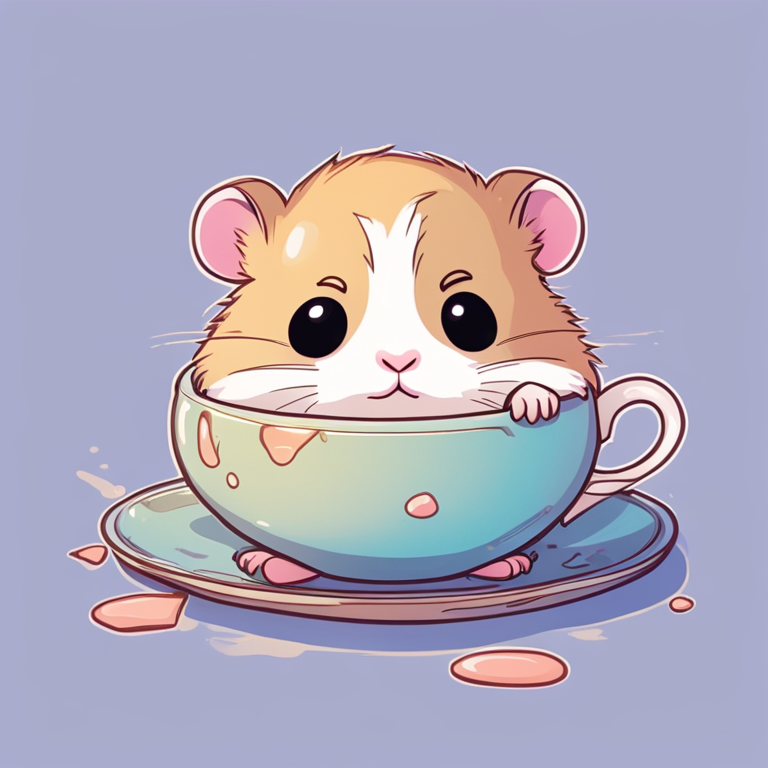 Sad hamster meme, a kawaii hamster with rounded features, sitting on the edge of a cracked teacup, looking down at a puddle with a frown, drawn in vibrant pastel shades.