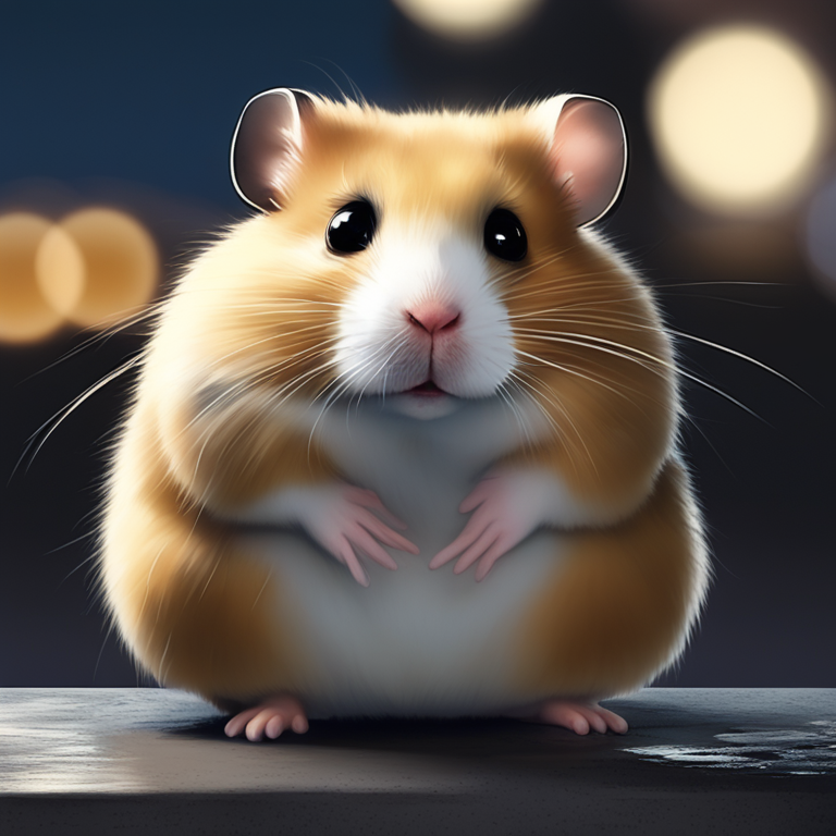 Sad hamster meme, a realistic hamster sitting on cold, wet concrete, its fur damp and its eyes reflecting deep sorrow, surrounded by faint city lights in the distance.